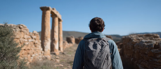 Backpacker exploring ancient ruins under clear blue sky