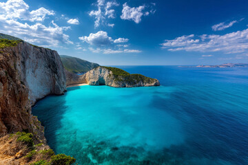 Obraz premium Experience breathtaking views of crystal-clear turquoise waters meeting dramatic cliffs under a brilliant sky.