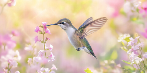 Naklejka premium Hummingbird Hovering Near Pink Flowers in Spring Garden