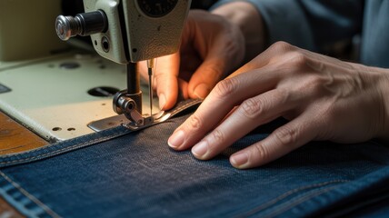 Tailor Using Sewing Machine to Craft Denim Jeans