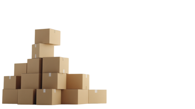 Stack of cardboard boxes arranged in tall pile for packaging storage or moving isolated on white background