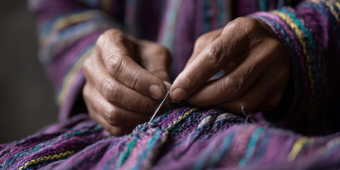 Hands skillfully mending colorful fabric with needle and thread
