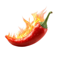 Fiery red chili pepper engulfed in flames water droplets glistening isolated on transparent background