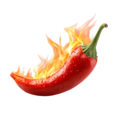 Plexiglas schilderij Hete pepers Fiery red chili pepper engulfed in flames water droplets glistening isolated on transparent background  © MD
