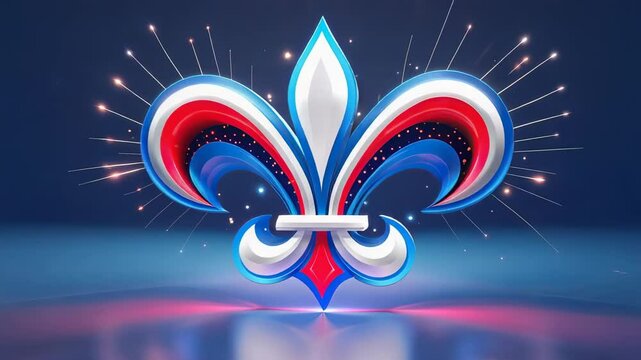 Emerging 3D fleur-de-lis rotating with dark blue backdrop on glossy floor, radiating golden sparks