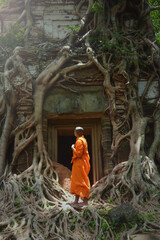 Monk exploring old ruins