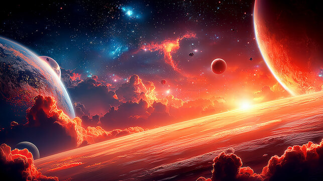 Breathtaking sci-fi cosmic landscape with vibrant planets and colorful atmosphere