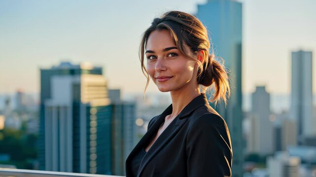 A woman in a business suit smiles and poses for a photo on the roof of a skyscraper with a cityscape in the background. The camera slowly turns around her