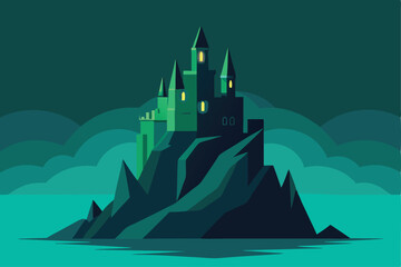Fototapeta premium Enigmatic Green Castle on a Misty Island A Dark Fantasy Illustration