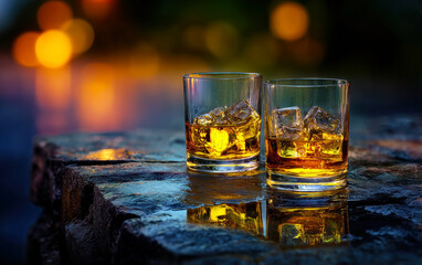 Two glasses of whisky on the rocks rest on a stone surface, elegantly reflecting warm hues.