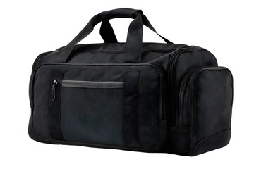 Black gym bag featuring zippered pocket, dual handles, carrying athletic gear and accessories, white background