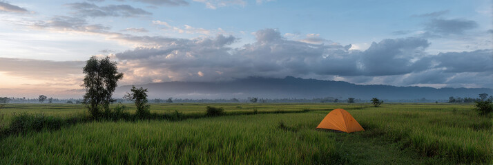 Orange tent in lush green rice fields under cloudy sky, peaceful atmosphere