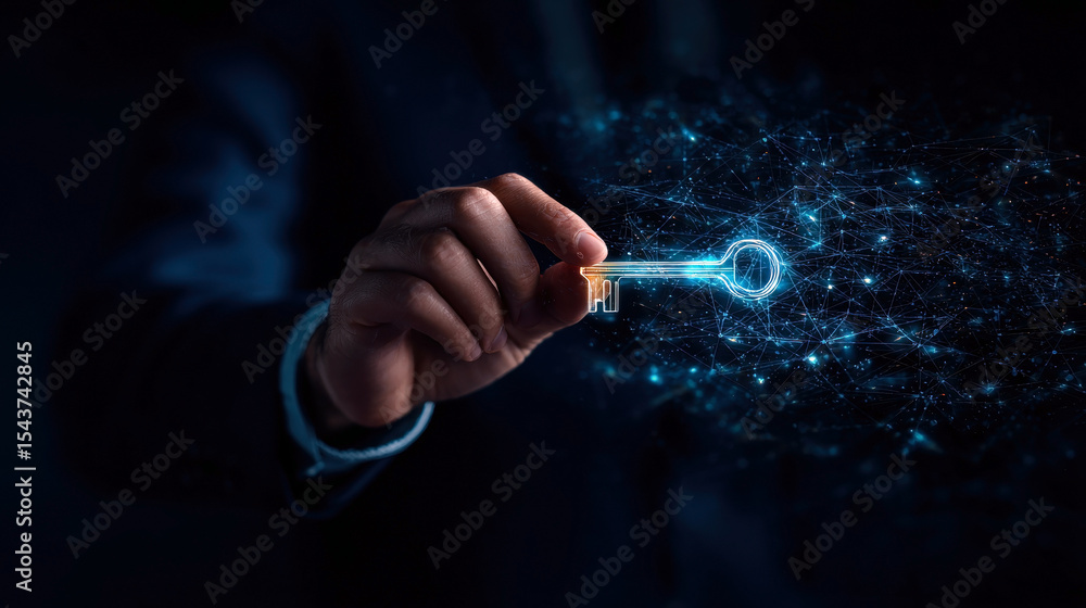 Aufkleber a hand holds a glowing key against a dark background, symbolizing the unlocking of secrets in the di