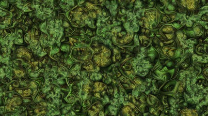 Seamless Pattern Of Lush Green Foliage, Vibrant Organic Texture, Rich Color Combinations, Nature-Inspired Abstract Design In Dark Setting