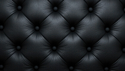 Close-up of a black leather surface with a tufted, buttoned pattern, creating a luxurious and textured backdrop.