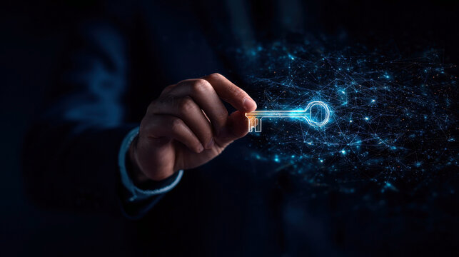 A hand holds a glowing key against a dark background, symbolizing the unlocking of secrets in the digital world and the power of technology and innovation.
