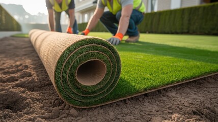 Professional Landscapers Laying Artificial Turf on Lawn