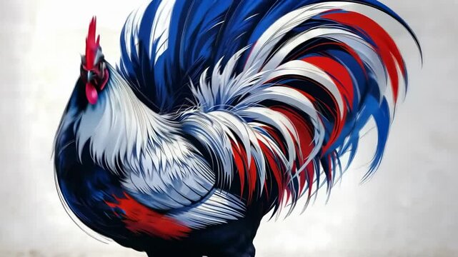 Displaying stylized rooster holding profile in studio backdrop, flaunting red-white-blue plumage