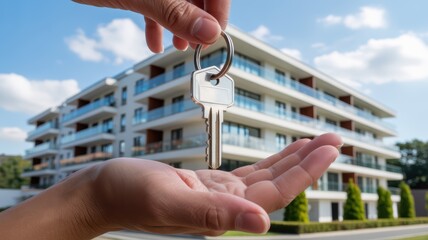 New Apartment Key in Hand with Modern Building Backdrop