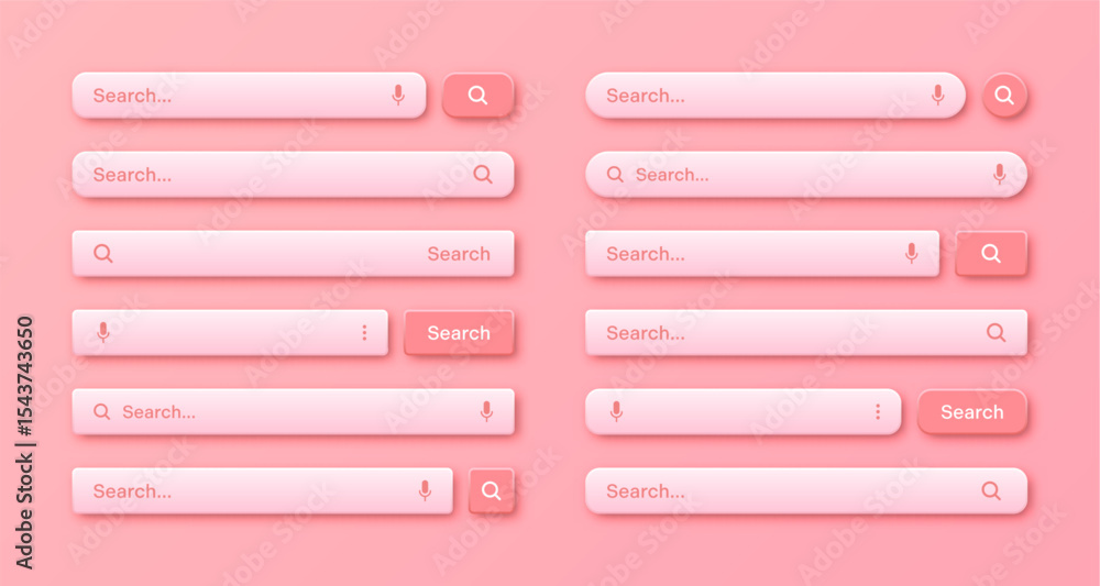 Fototapete Colorful 3d search bar templates. Internet browser engine with search box, address bar and text field. UI design, website interface element with web icons and push button. Vector illustration