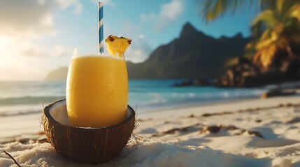 A chilled coconut pineapple smoothie, in a coconut shell, with a tropical beach background and space for text