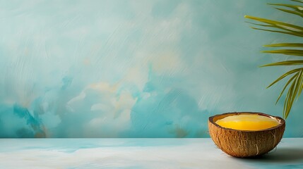 A chilled coconut pineapple smoothie, in a coconut shell, with a tropical beach background and space for text