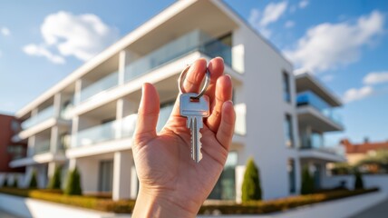 Hand Holding New House Key in Front of Building