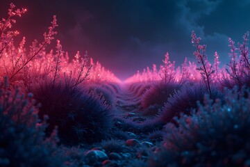 A neon-lit jungle of wireframe plants swaying in invisible wind.
