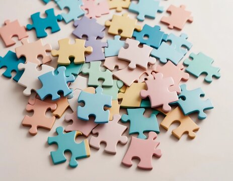Close-up of scattered jigsaw puzzle pieces in pastel colors, some connected, some floating mid-air on a soft neutral background