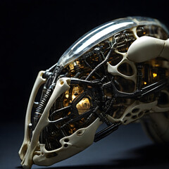 Cyber Fossil Claw with Embedded Circuit Nodes and LED Lines on Matte Black Background