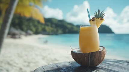A chilled coconut pineapple smoothie, in a coconut shell, with a tropical beach background and space for text