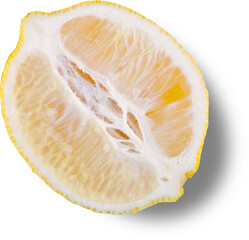 A cross-section of a lemon showcasing its juicy interior and textured rind.