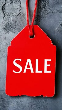 Eye-catching red sale tag hanging against textured background in store setting showcases discounts and shopping excitement