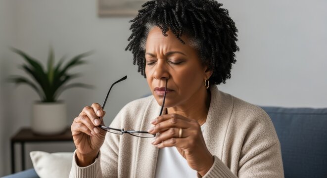 mature african american woman sitting on sofa, holding glasses, looking stressed at serene home. fatigue, stress, aging concept. health, lifestyle, mental wellness. national eye exam month