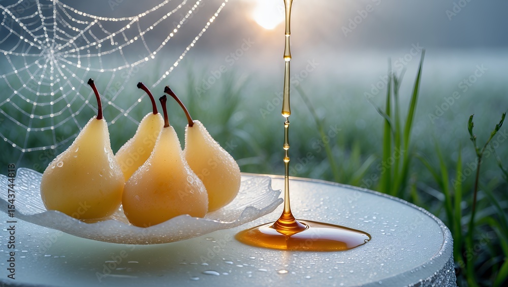 Poster pears with honey drizzle and dew covered cobweb in soft light