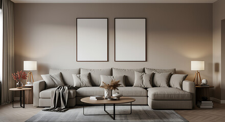 Modern living room interior design with blank picture frames and comfortable furniture