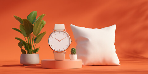 Minimalistic Watch with Succulent Plants on Vibrant Orange Background