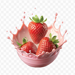 realistic 3d pink cream splash into strawberry  in different style Isolated white background	