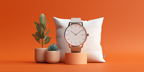 Minimalistic Watch with Succulent Plants on Vibrant Orange Background


