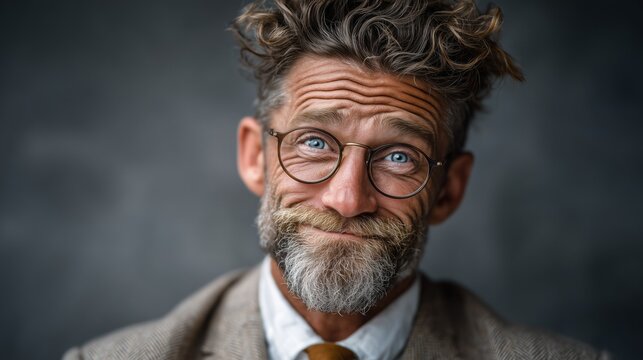 Humorous portrait of smiling mature man with curly hair, beard, and round glasses looking amused. Concept of joy, positivity, and charismatic personality.