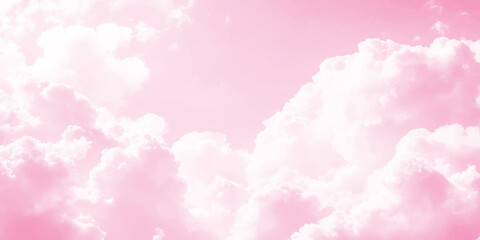 Fototapeta premium Aerial view of pink sky with fluffy clouds. Pink sky with white clouds. Pink sky with white clouds Valentine's day sweet dream background. 