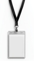Stunning photo of vertical blank badge mockup. Concept of identification access security. Empty id card with transparent plastic holder, black lanyard on white background.