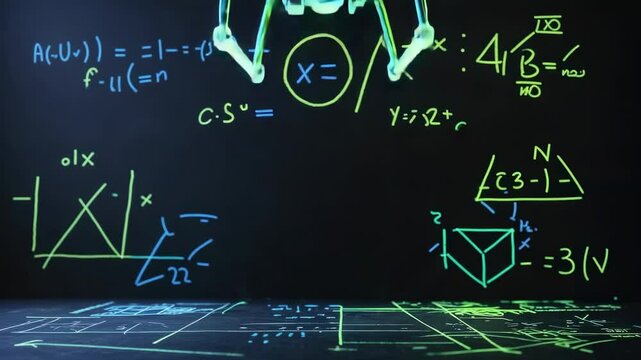 Powering up neon drone spinning rotors, tilting gimbal and ascending in lab over grid, with math