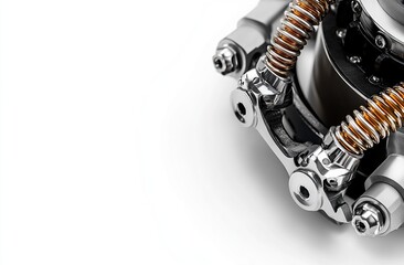 Car brake, caliper, and braided shock absorber on a white background with copy space for text.