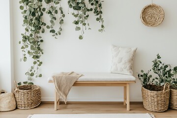A serene interior space with a wooden bench, plants, and wicker baskets. The room is bathed in soft, natural light, creating a calm and inviting atmosphere