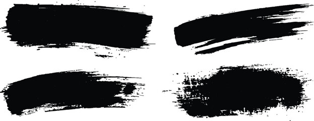 Black paint brushstrokes set on isolated on white background. Brush strokes with watercolor paint, Collection of grunge black brush strokes of various lengths and textures. 
