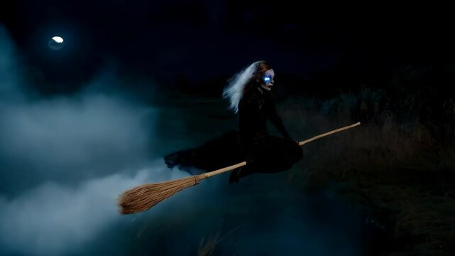 Enchanted witch soaring through night sky on broomstick under moonlight