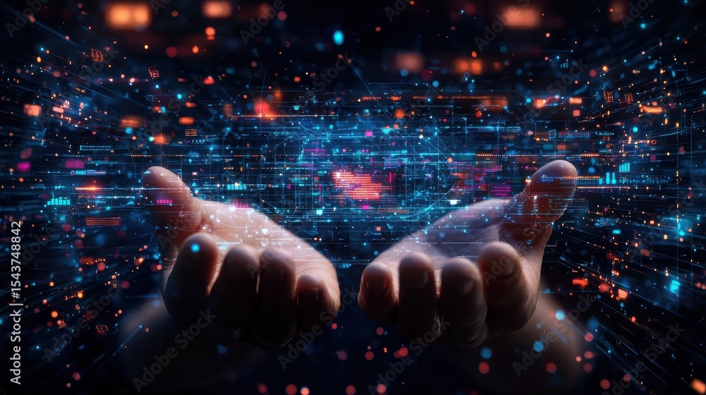 Poster hands holding a glowing digital interface with holographic data and futuristic technology elements i
