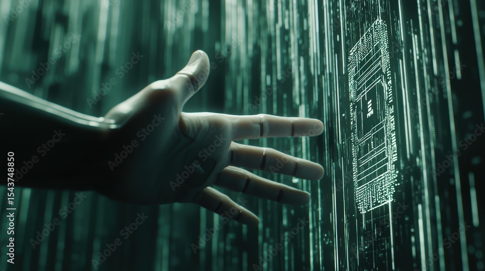Aufkleber a hand interacts with a digital interface of a smartphone, surrounded by cascading binary code in a 