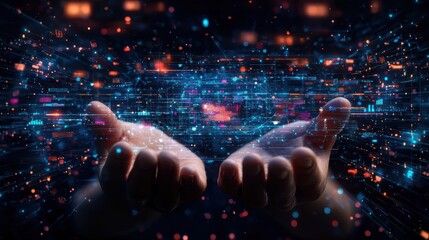 Hands holding a glowing digital interface with holographic data and futuristic technology elements in a dark, tech-inspired environment, virtual AI hologram